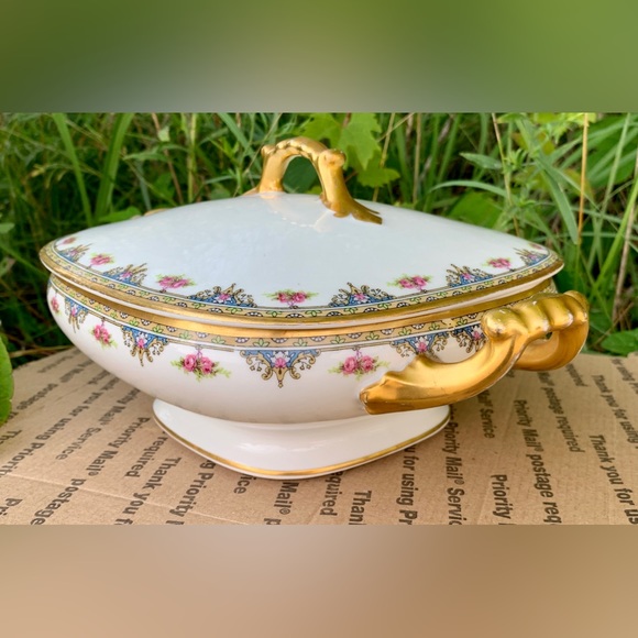 Vintage Limoges France Vignaud Square Gold Trim Lidded Vegetable Serving Bowl - Picture 13 of 16